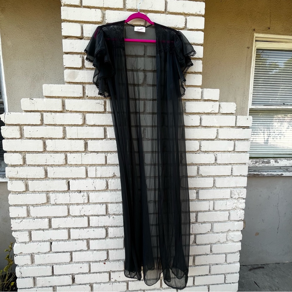Vintage Scassi Sheer Ruffled Peignoir Robe in Black - One Size